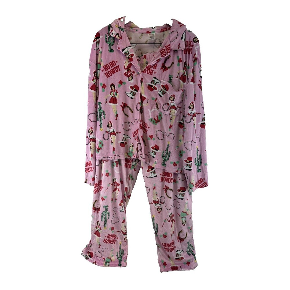 Holiday Time Ho Ho Howdy Pajama Set Button Shirt Pants Fleece Pink PJ Womens 3X